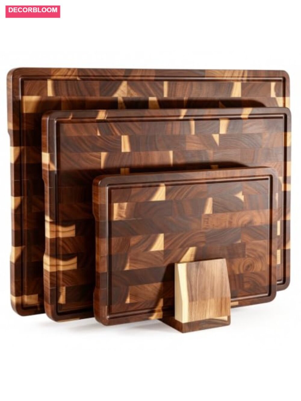 Acacia Wood Cutting Board Set of 3 with Storage Stand End Grain Butcher Block